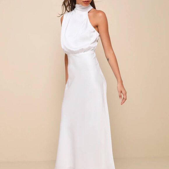 Lulu's Distinctive Charm White Satin Asymmetrical Midi Dress - Picture 2 of 4